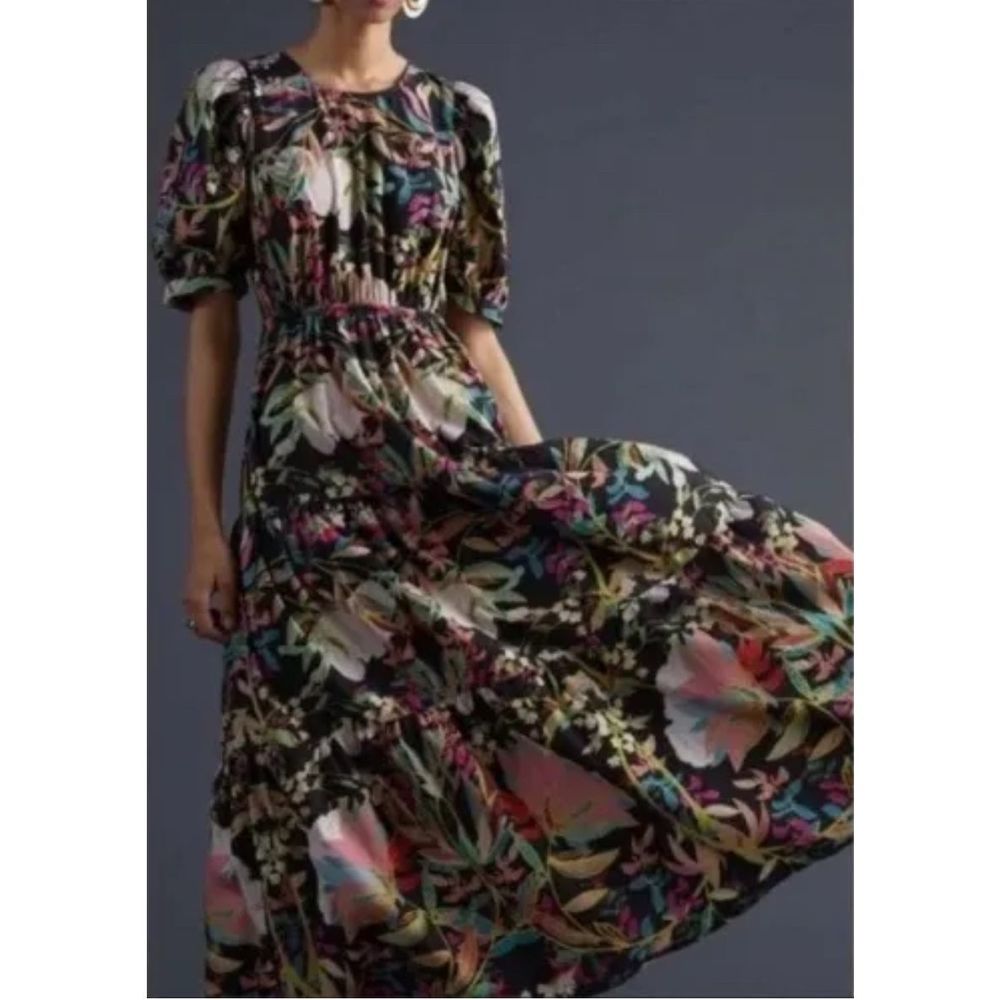 New Anthropologie x Condition Apply Floral Tiered  Maxi Dress Puff Sleeves Sz L